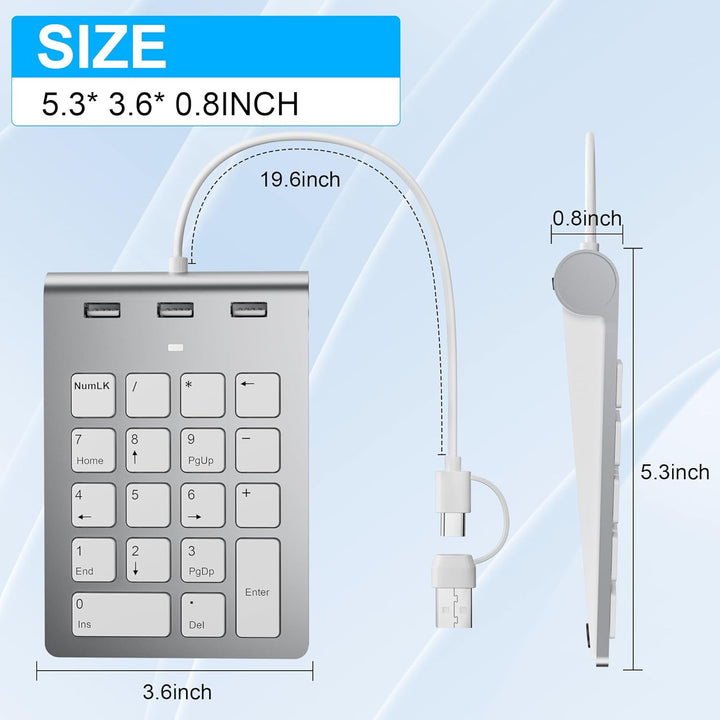 Numeric Keypad Wired Numpad, USB A/USB C Ziffernblock Ergonomischer Mini Nummernblock mit 3 USB 2.0