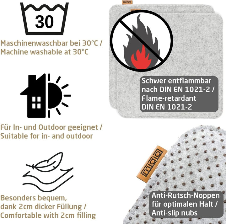 Miqio Design Filz Sitzkissen Eckig mit Antirutschnoppen | 35cm | 2er-Set | Indoor und Outdoor | Nach