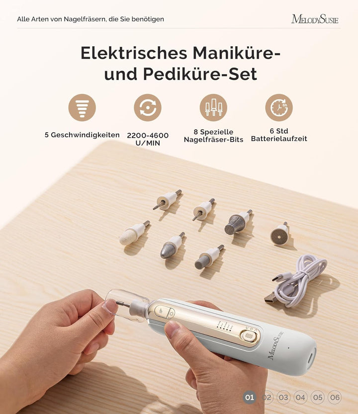MelodySusie Professionelles Maniküre/Pediküre Set, PC760G 8 in 1 Elektrischer Nagelfräser mit 5 Gesc