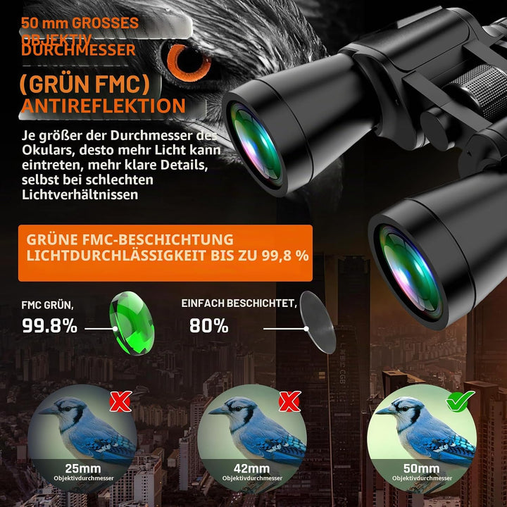 20x50 Fernglas für Erwachsene mit Nachtsicht bei schwachem Licht, kompaktes HD-Profi-/Alltags-Wasser