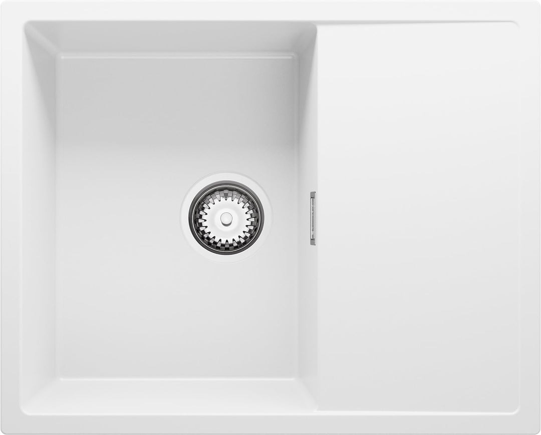 Spülbecken Weiss 62x50 cm, Granitspüle + Ablauf-Set, Küchenspüle für 45er Unterschrank, Einbauspüle