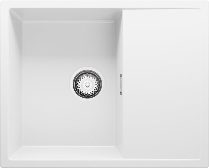 Spülbecken Weiss 62x50 cm, Granitspüle + Ablauf-Set, Küchenspüle für 45er Unterschrank, Einbauspüle