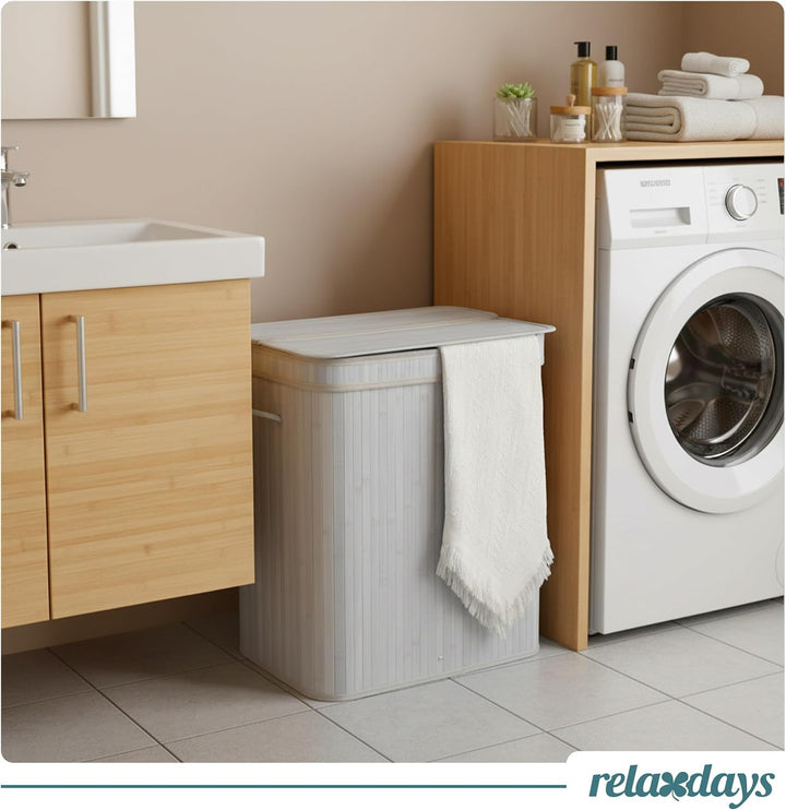 Relaxdays Wäschekorb mit Deckel, Bambus, 100 l, 2 Innenfächer, HxBxT: 63 x 52 x 32 cm, Badezimmer Wä