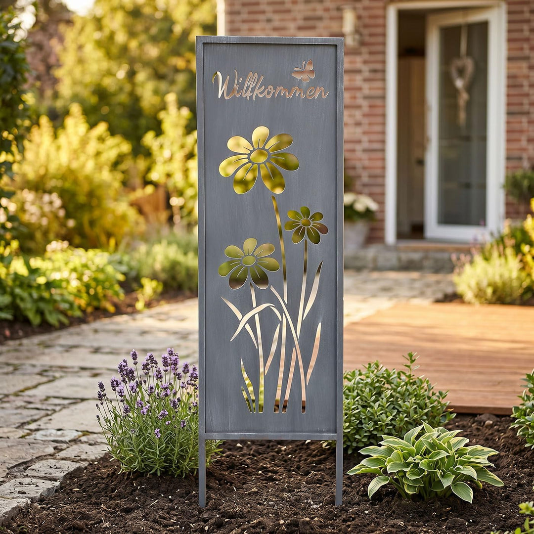 levandeo Gartenstecker Willkommen H83cm Stele Grau Betonoptik Gartenschild Schmetterling Garten-Deko