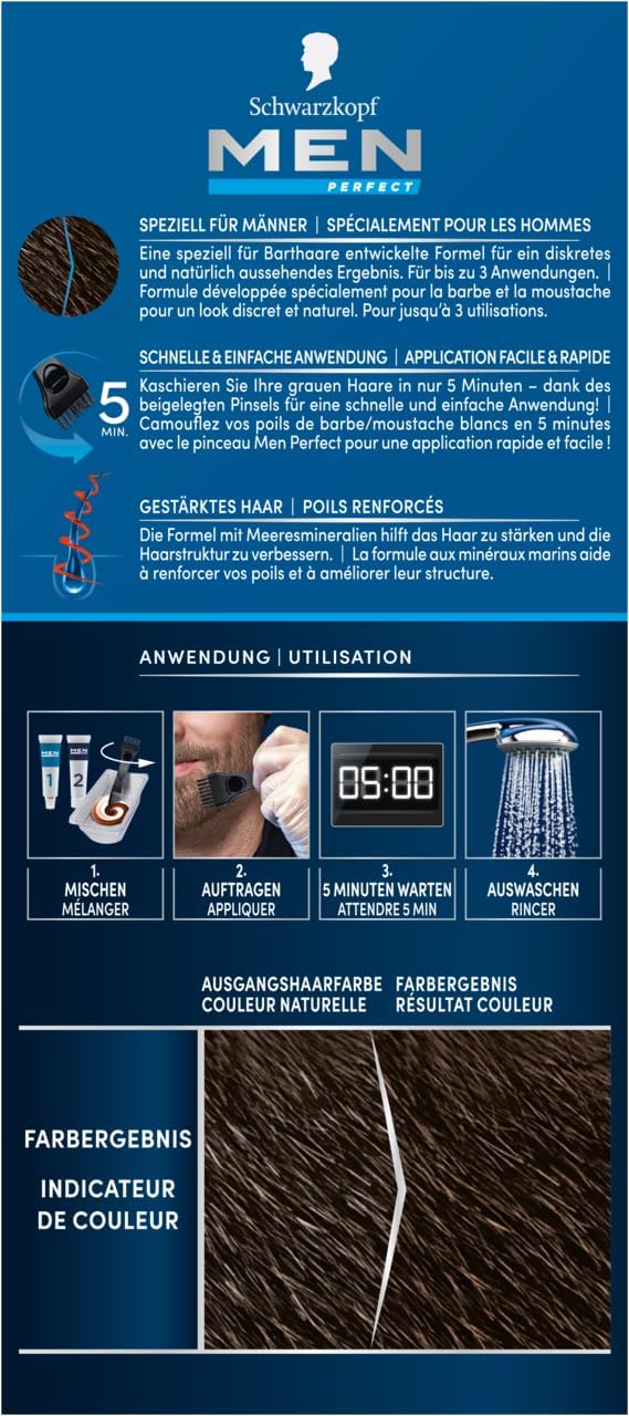 Schwarzkopf Men Perfect Bart-Coloration 80 Natur Schwarz-Braun Stufe 2 (4x 30 ml), Bartfärbemittel z