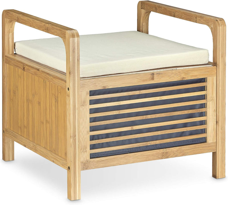 Relaxdays Sitzhocker mit Stauraum, Aufbewahrungsbox mit Sitzkissen, Bambus Hocker M HxBxT: 46 x 50,5