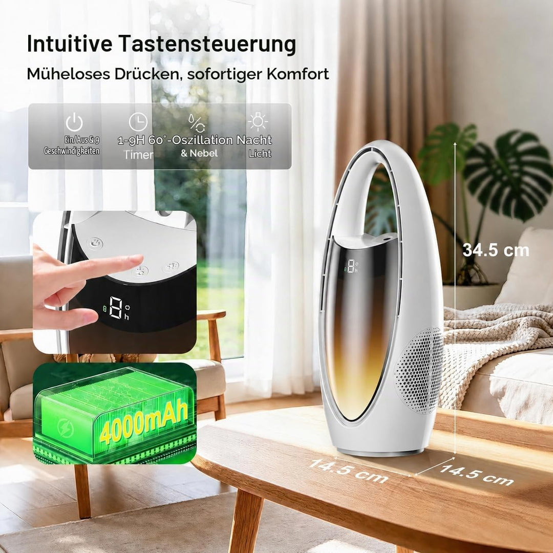 VOMI Ttischventilator Akku mit Sprühnebel, Rotorlose Ventilator Ohne Rotorblätter Tragbarer Kleiner