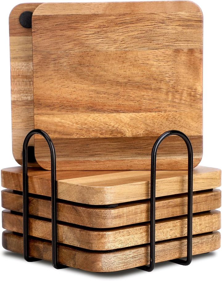 Untersetzer Gläser Holz 6er Set, Untersetzer aus Akazienholz mit Halter, Glasuntersetzer Holz eckig,