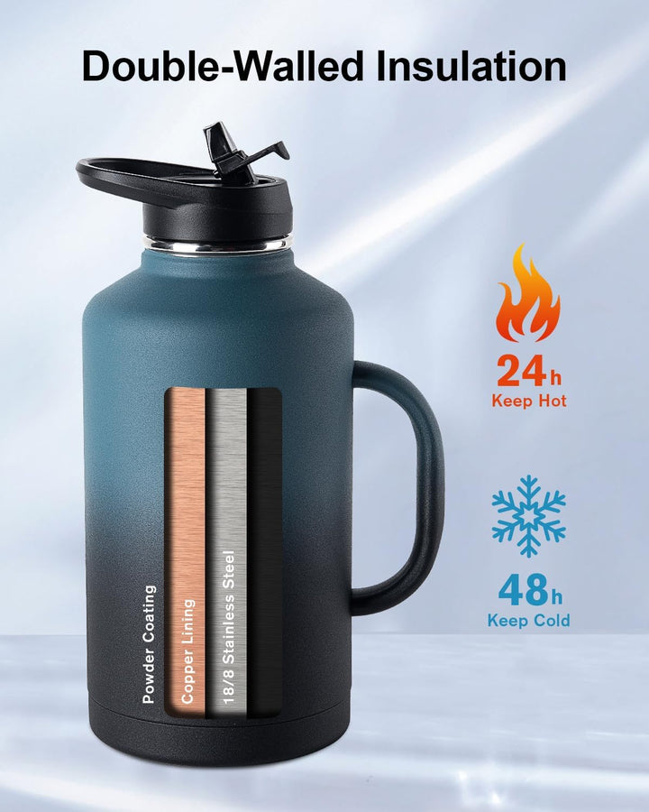 Trebo Isolierte Wasserflasche mit Griff, 1,8 l, Edelstahl, Metall, grosser Krug, Reiseflasche mit St