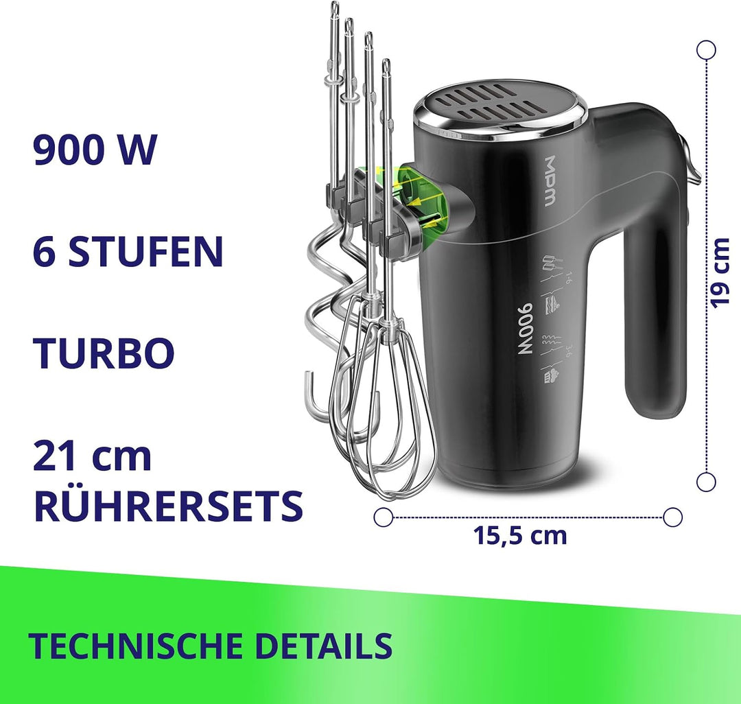 MPM Handmixer mit 2 Rührbesen und 2 Knethaken - 6 Geschwindigkeiten mit Turbotaste - 900 W - Anthraz