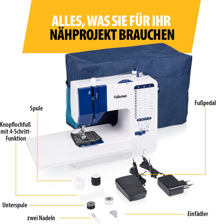 Tristar Nähmaschine mit 38 Stichprogrammen, Abnehmbarem Anschiebetisch, Freiarm, LED-Licht, Automati