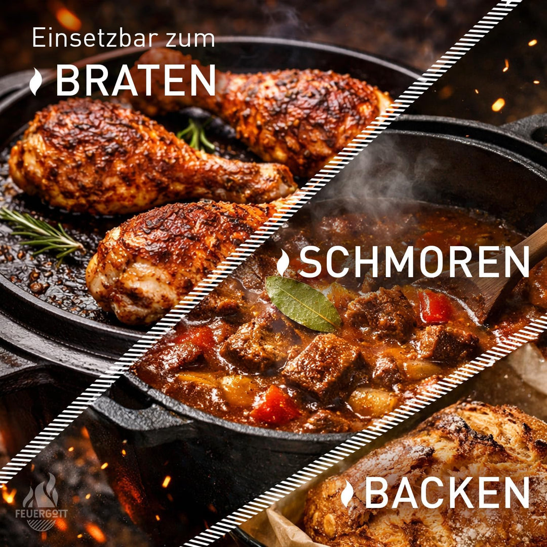 Dutch Oven 6,5L ohne Füsse – Grosser Gusseisen Topf für Herd, Induktion, Backofen, Braten, Brot, Gri
