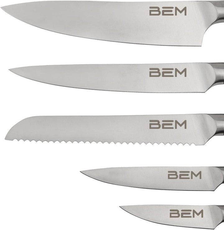 BEM 6-tlg. Küchenmesser Set aus Edelstahl Messerset mit Messerblock inkl. Chefkochmesser, Aufschnitt