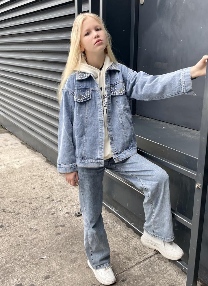 Rolanko Jeansjacke für Mädchen, Basic Trucker Jacke aus Denim Outwear Button Down Jeans Hemden 8-9 J