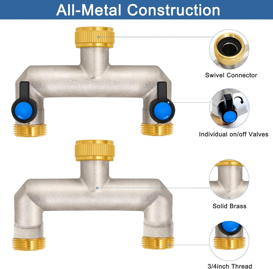 2-Wege Wasserhahn Wasserverteiler aus Messing für 2 Geräte/Gartenschläuche, 2er Verteiler 3/4" Adapt
