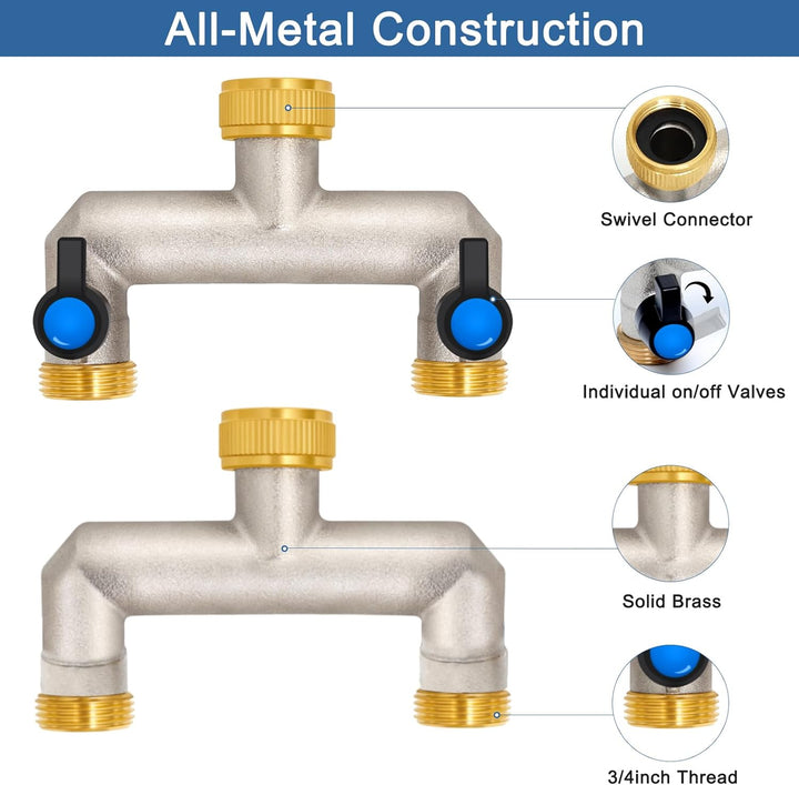 2-Wege Wasserhahn Wasserverteiler aus Messing für 2 Geräte/Gartenschläuche, 2er Verteiler 3/4" Adapt