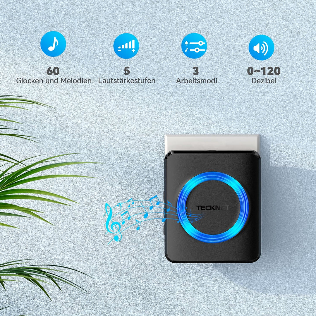TECKNET Funkklingel, IP65 Funk klingel Set Aussen Wasserdicht, Kabellose Türklingel 600m Reichweite,