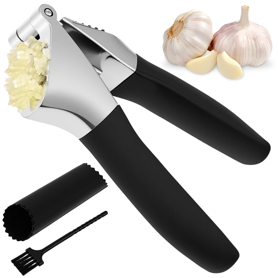 Knoblauchpresse Edelstahl,Premium Knoblauchpresse mit Sparschäler und Bürste,Garlic Press,Ingwerpres