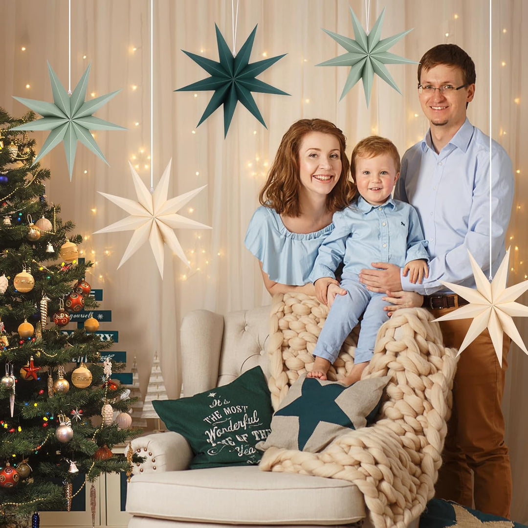 5 Stück Papiersterne Weihnachten Beige 30cm Salbeigrün 9 Zacken Creme Papiersterne Faltsterne Aufhän
