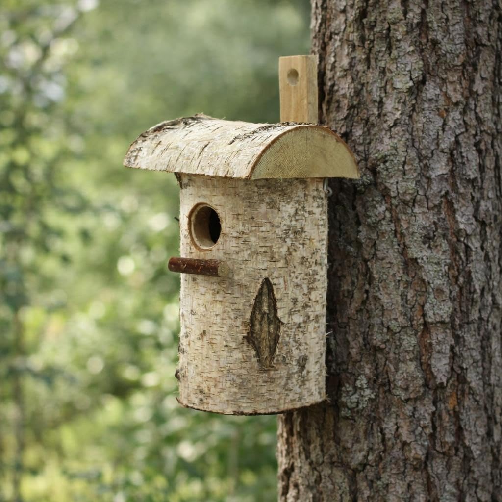 Nistkasten aus Birkenholz als natürlicher Brutkasten für kleine Vogelarten mit Einflugloch Ø 32 mm u