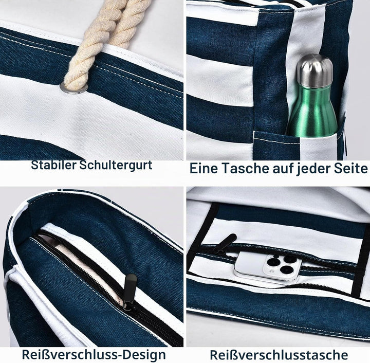 oscaurt Strandtasche Badetasche Wasserdicht Streifen Strandtasche XXL Familie mit Reissverschluss mi
