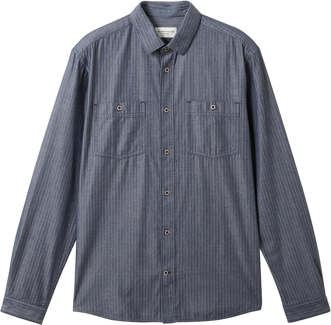 TOM TAILOR Herren Regular Fit Hemd mit aufgesetzten Brusttaschen M 32322-navy Herringbone Structure,