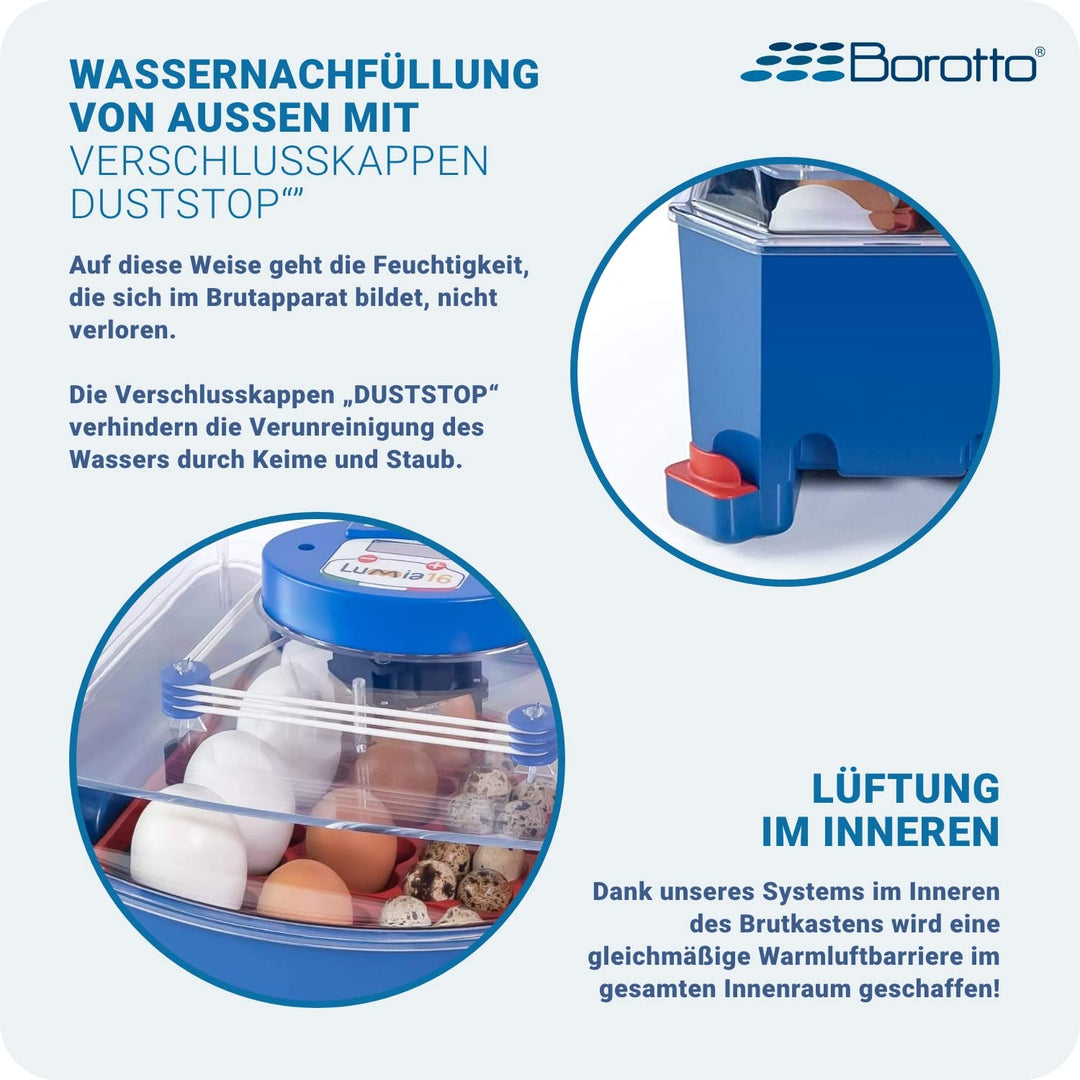 Borotto Lumia 16 | Brutautomat Vollautomatisch, Inkubator für 16 Eier oder 64 Kleine Eier mit Automa