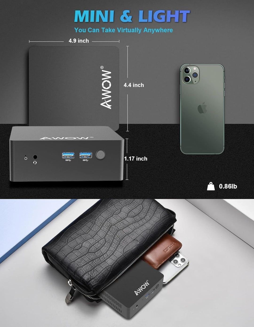 AWOW Mini PC Celeron J3455 8GB DDR4, 128GB M.2 SATA SSD, 4K HD, Dual HDMI, 2.4G/5G Dual WiFi, Gigabi