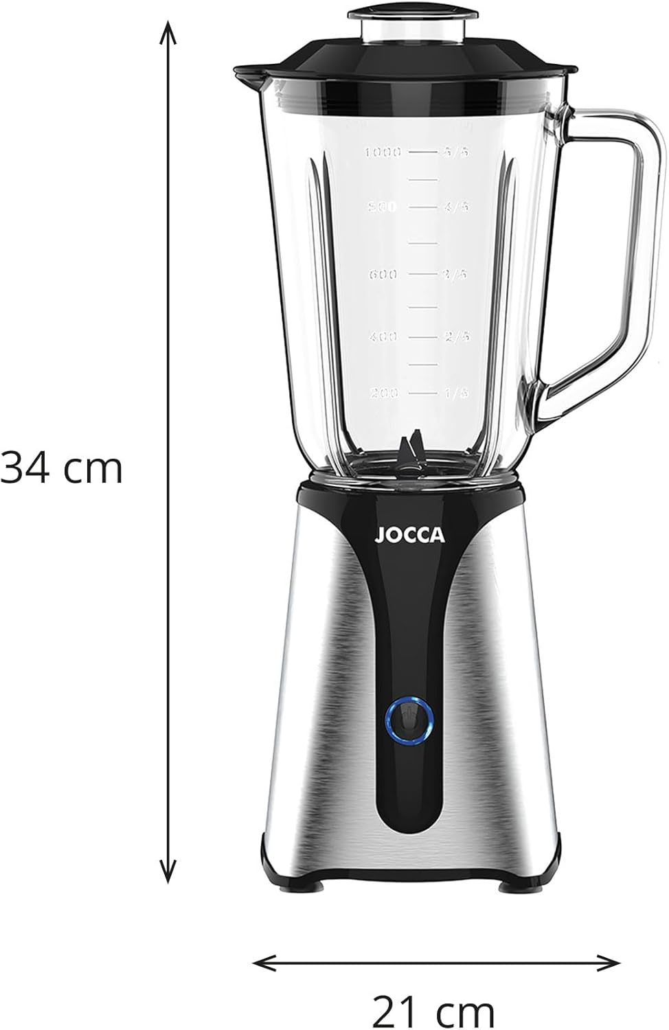 JOCCA – Glasmixer mit Reiseflasche/350 W Leistung, Mixer/1 l Krug und 600 ml Flasche/LED-Licht, abne