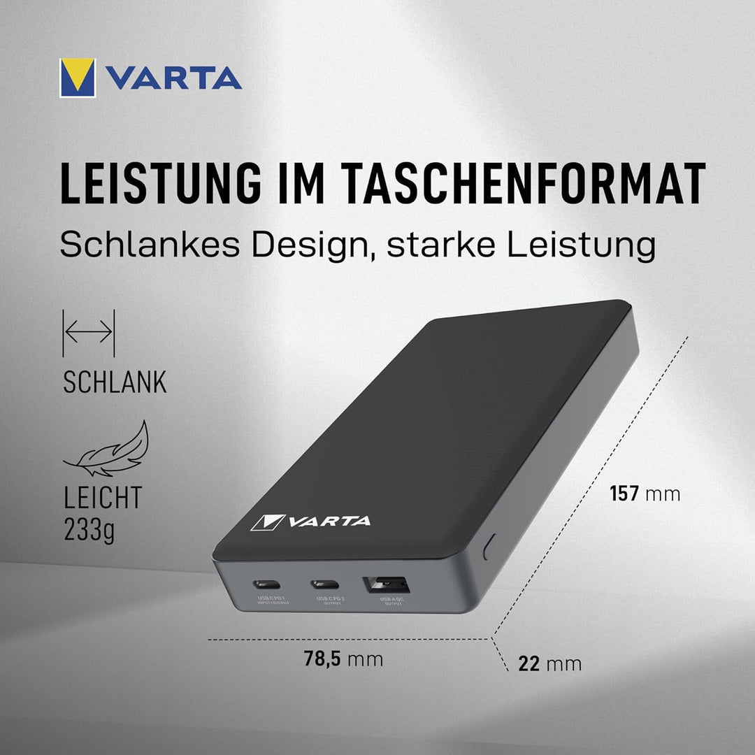 VARTA Power Bank 20000mAh, Powerbank Power on Demand mit 4 Anschlüssen (1x Micro USB, 2x USB A, 1x U