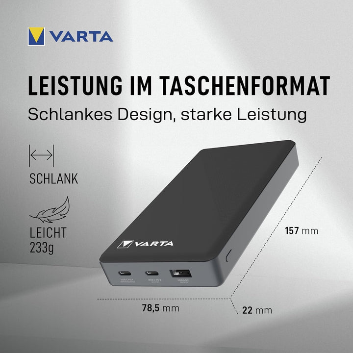 VARTA Power Bank 20000mAh, Powerbank Power on Demand mit 4 Anschlüssen (1x Micro USB, 2x USB A, 1x U
