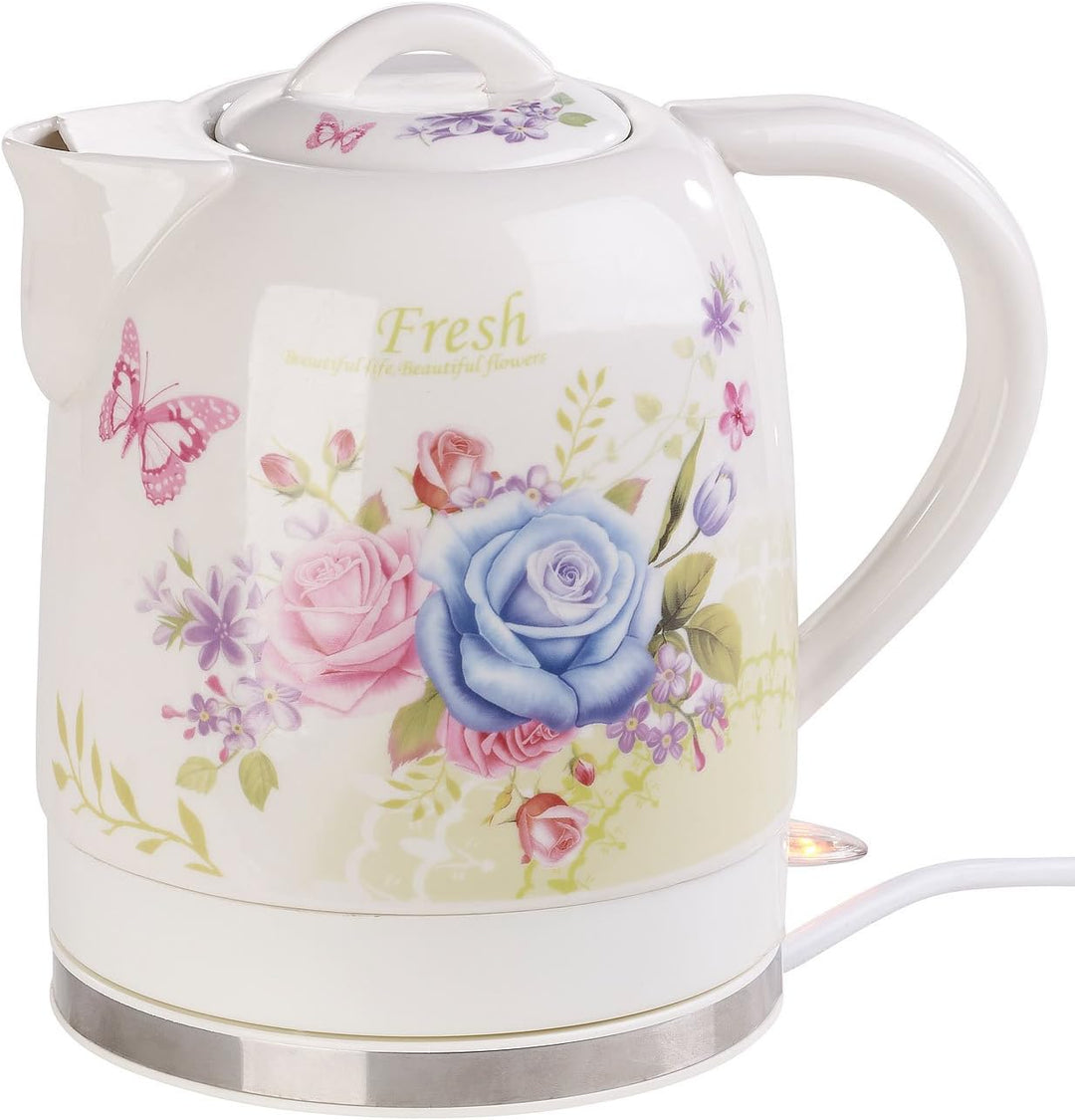 Rosenstein & Söhne Wasserkocher Blumen: Keramik-Wasserkocher mit Blumenmuster, 1,7 Liter, 1.500 Watt
