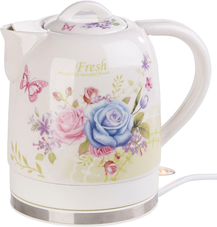 Rosenstein & Söhne Wasserkocher Blumen: Keramik-Wasserkocher mit Blumenmuster, 1,7 Liter, 1.500 Watt