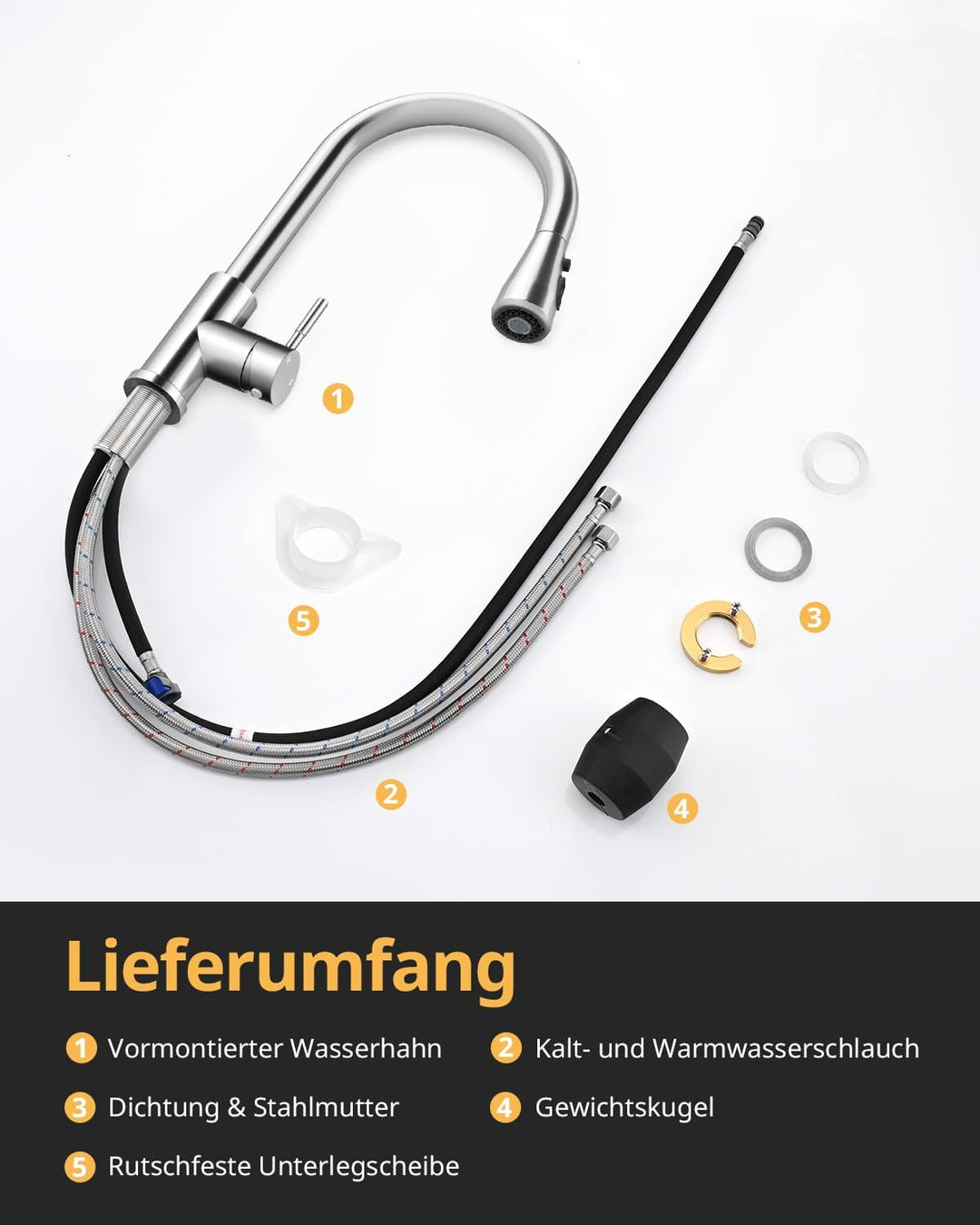 Küchenarmatur, Ausziehbarer Wasserhahn mit Edelstahl-Sprühbrause und 3 Sprühfunktionen, 360° schwenk