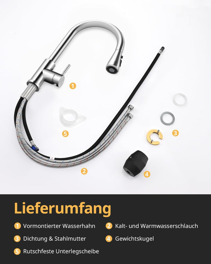 Küchenarmatur, Ausziehbarer Wasserhahn mit Edelstahl-Sprühbrause und 3 Sprühfunktionen, 360° schwenk