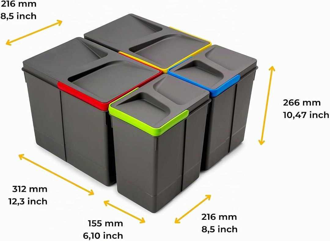Emuca - Recycle Behälter für Küchenschublade, Höhe 266, 2x15L + 2x7L, Anthrazitgrauer Kunststoff, Ku