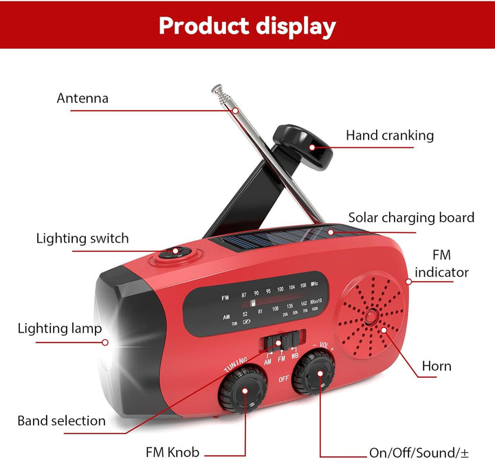 Notfall-Solarradio,Kurbelradio mit Solar und LED Taschenlampe,Selbstbetriebenes Kurbelradio, SOS-Ala