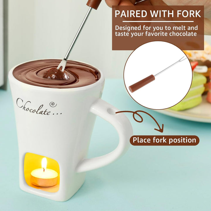 2 Stück Schokofondue Tasse,Keramik Schokoladenfondue Tasse mit Gabel Neu Käsefondue Set,Mehrzweck We