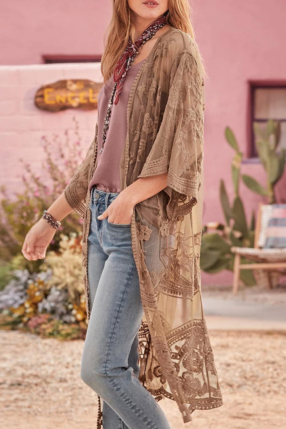YouKD Damen Strickjacke Mit Spitze Durchsichtiges Kleid Boho Long Kimono Strandbadeanzug Kleider Ver
