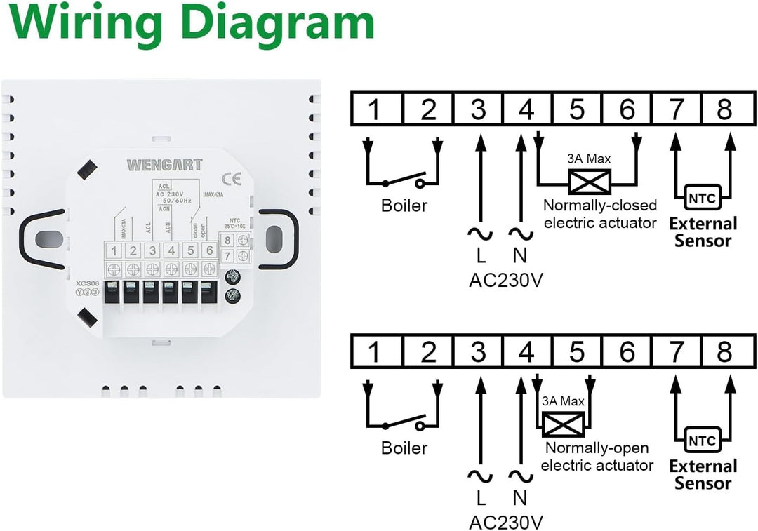 Wengart Raumthermostat WG933 für Gastherme &amp; Wasserfussbodenheizung – Dual-Ausgang: 230V 3A &amp; Potent