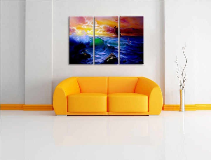 Dark Sturm über dem Meer Kunst Spezial 3-Teiler Leinwandbild 120x80 Bild auf Leinwand, XXL riesige B