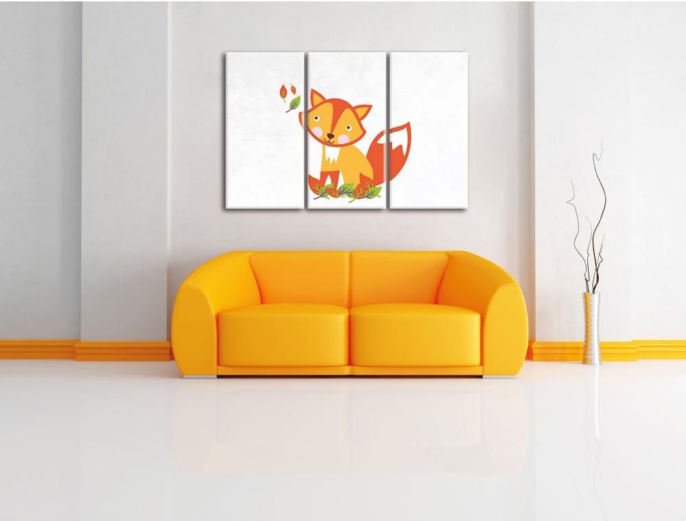 Pixxprint Niedlicher Fuchs in Laub Haufen als Leinwandbild/Grösse: 3 Teilig (120x80) cm/Wandbild/Kun