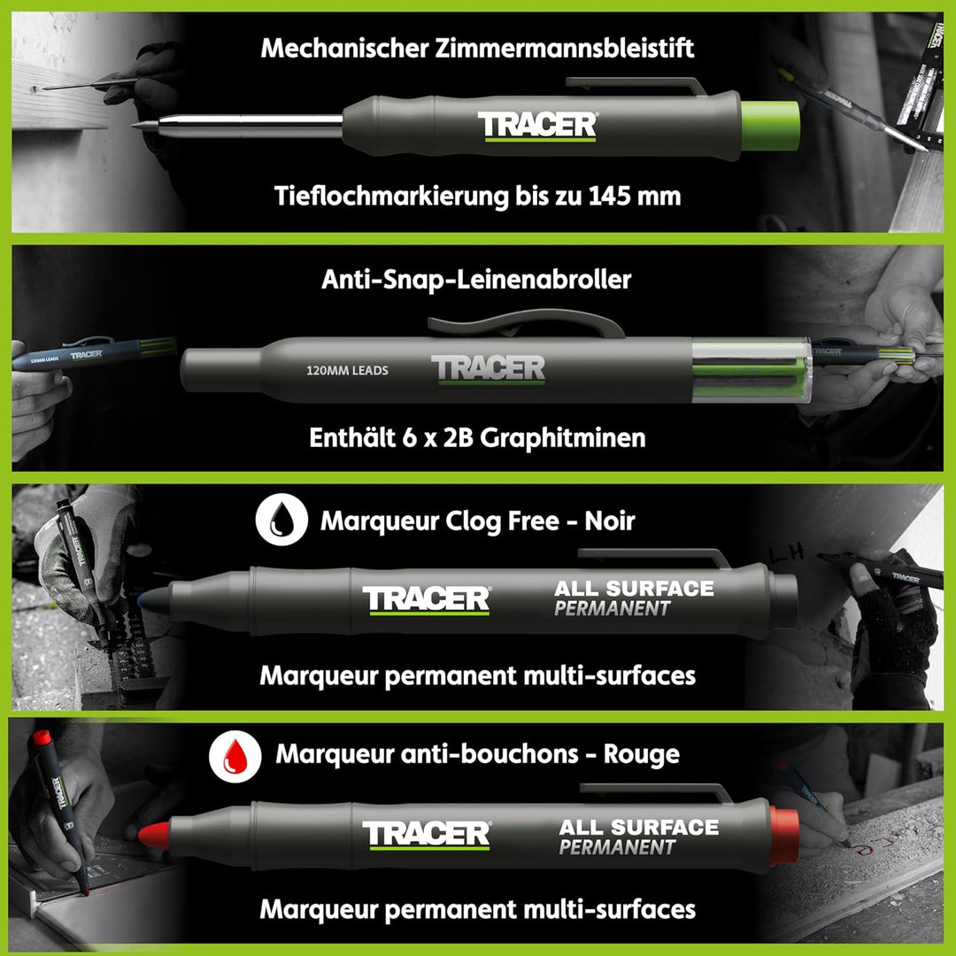 Tracer Markierungsset – Tiefloch-Schreinerbleistift, Ersatzminen x 6 und 2 verstopfungsfreie Marker