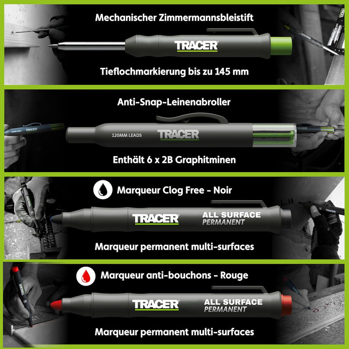 Tracer Markierungsset – Tiefloch-Schreinerbleistift, Ersatzminen x 6 und 2 verstopfungsfreie Marker