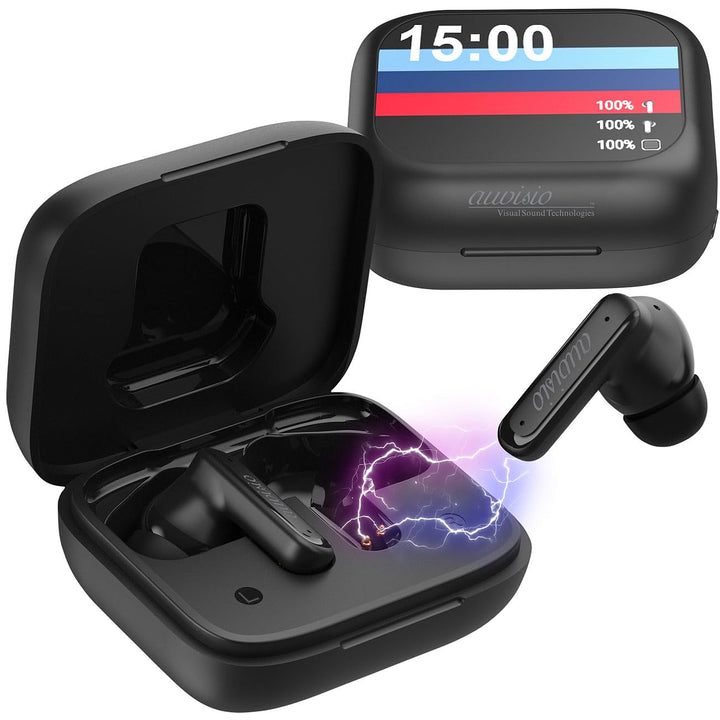 auvisio Kopfhörer mit Akku: 2er-Set Kabellose In-Ear-Kopfhörer mit Touchscreen-Ladecase & ANC (mit F
