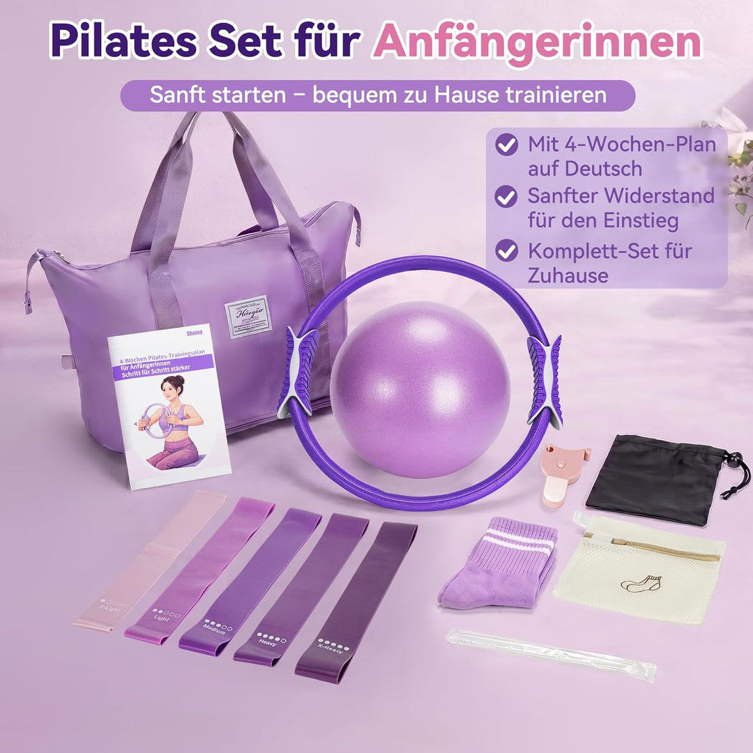 Pilates Set für Anfängerinnen, Pilates Ring Set mit Ball, 5 Widerstandsbändern, Socken, 4-Wochen-Pla