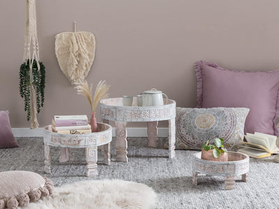 Woodkings® 3er Set indische Beistelltische Chakki Mangoholz weiss geschnitzt Massivholz rustikal Ech