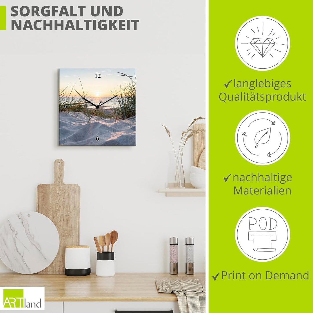 ARTLAND Wanduhr ohne Tickgeräusche Leinwand Quarzuhr 30x30 cm Quadratisch Lautlos Strand Meer Ostsee