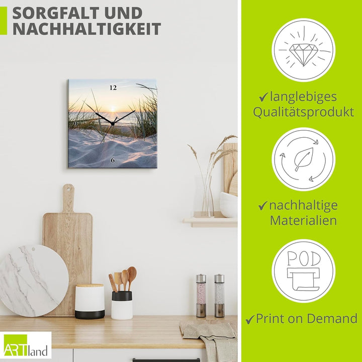 ARTLAND Wanduhr ohne Tickgeräusche Leinwand Funkuhr 30x30 cm Quadratisch Lautlos Strand Meer Ostsee