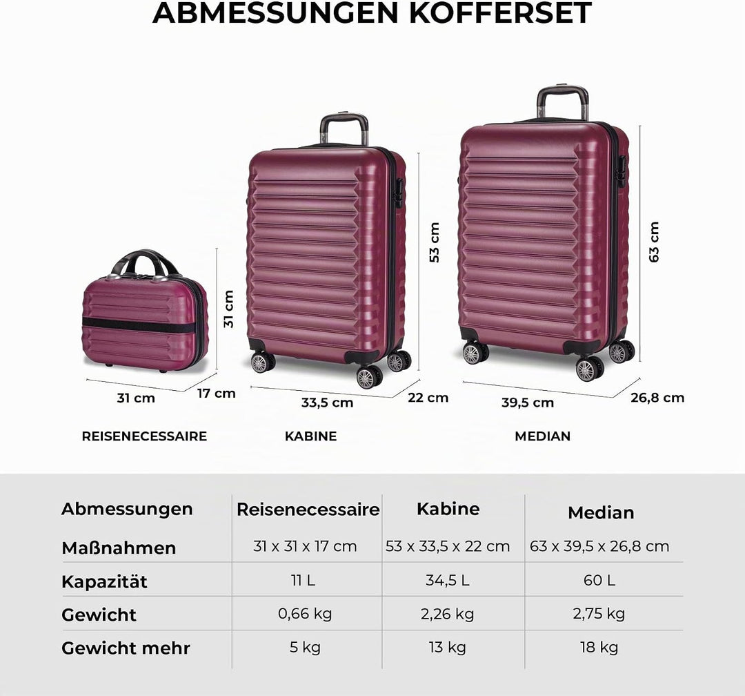 NUMADA - Gepäck-Set und Kulturbeutel 3 Stück Bordeaux, mittel 63cm, klein 53cm und Kulturbeutel, ABS